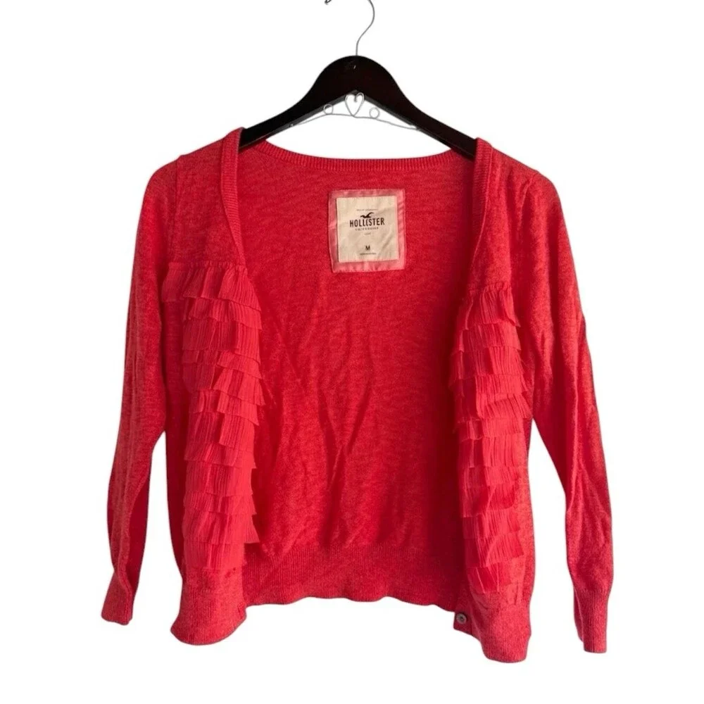 Hollister Coral Pink Ruffle Cardigan Y2K Sweater Women’s Size Medium